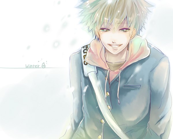 Anime picture 1400x1120 with katekyou hitman reborn sawada tsunayoshi shoppai (artist) short hair blonde hair smile green eyes wallpaper winter boy