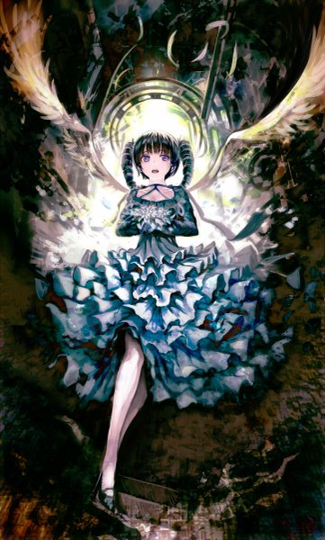 Anime picture 1446x2400 with original organ derwald long hair tall image fringe open mouth black hair purple eyes twintails tears drill hair crying girl dress flower (flowers) wings frills feather (feathers) halo bouquet