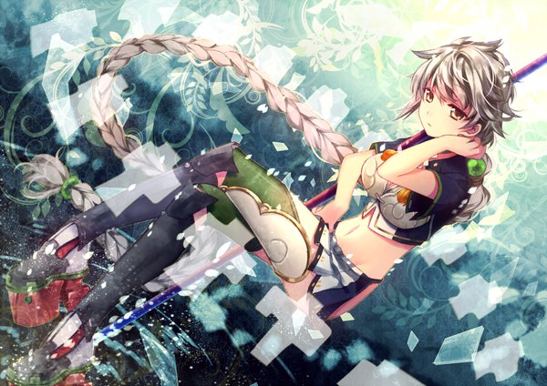 Anime picture 840x594 with kantai collection unryuu aircraft carrier riichu single looking at viewer brown eyes braid (braids) very long hair grey hair high heels dutch angle single braid adjusting hair girl navel hair ornament boots thigh boots