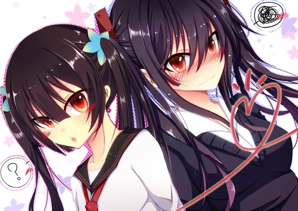 Anime picture 1636x1157 with original bloodcatblack (tsukiko) long hair looking at viewer blush open mouth black hair red eyes twintails multiple girls girl uniform hair ornament 2 girls school uniform
