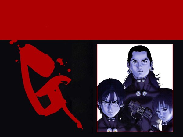 Anime picture 1600x1200 with gantz gonzo kurono kei kishimoto kei katou masaru short hair black background group weapon gun