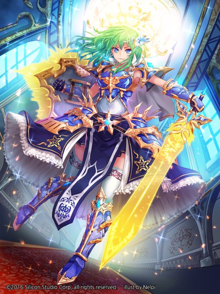 Anime picture 750x1000 with gyakushuu no fantasica nell p single long hair tall image looking at viewer fringe breasts blue eyes smile hair between eyes standing holding indoors green hair sparkle from below looking down light smirk