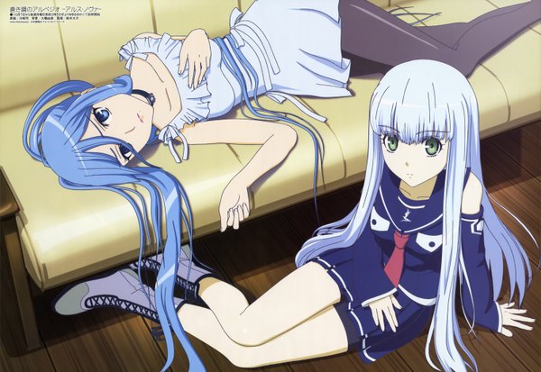 Anime picture 5936x4086 with aoki hagane no arpeggio megami magazine takao (aoki hagane no arpeggio) iona long hair looking at viewer highres blue eyes multiple girls green eyes blue hair absurdres white hair lying official art girl dress skirt 2 girls couch