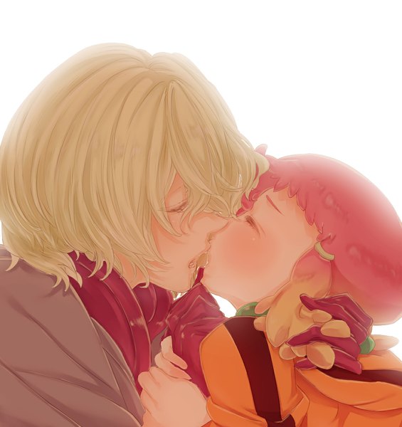 Anime picture 1050x1115 with aquarion (series) aquarion evol satelight jin musou yunoha thrul tall image blush fringe short hair open mouth simple background blonde hair white background pink hair eyes closed multicolored hair hair over one eye orange hair kiss french kiss
