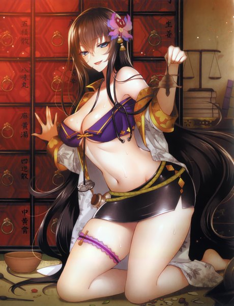 Anime picture 1485x1935 with original kurao long hair tall image looking at viewer blush breasts open mouth blue eyes light erotic brown hair bare shoulders scan midriff girl skirt navel hair ornament miniskirt