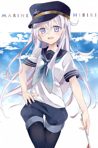 Anime picture 1000x1510 with kantai collection hibiki destroyer shijima (sjmr02) single long hair tall image looking at viewer blush open mouth blue eyes hair between eyes standing holding cloud (clouds) white hair inscription teeth text english girl