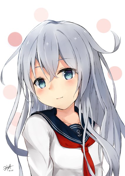 Anime picture 2149x3035 with kantai collection hibiki destroyer hinoki nagi mugura single long hair tall image blush fringe highres hair between eyes signed payot looking away silver hair ahoge upper body head tilt aqua eyes light smile dated