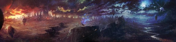 Anime picture 1600x391 with original blaz porenta (binjaart) wide image sky cloud (clouds) night evening sunset no people landscape scenic river rock panorama planet
