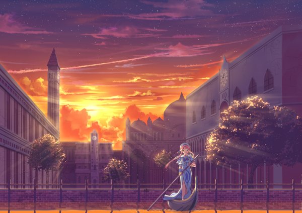 Anime picture 1200x849 with aria mizunashi akari yuko-san single long hair looking at viewer blue eyes standing twintails pink hair sunlight night night sky evening sunset sunbeam girl dress plant (plants) tree (trees)