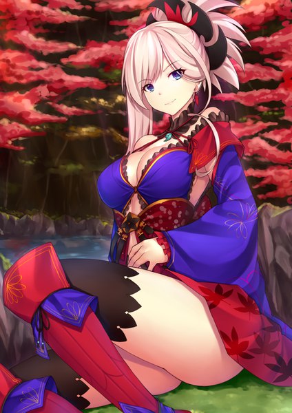 Anime picture 1200x1697 with fate (series) fate/grand order miyamoto musashi (fate) pak ce single long hair tall image looking at viewer breasts blue eyes light erotic smile large breasts sitting bare shoulders payot pink hair bent knee (knees) ass wide sleeves