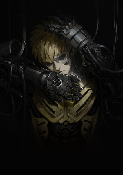 Anime picture 827x1169 with one-punch man madhouse genos white-corner single tall image fringe short hair simple background blonde hair upper body head tilt from above black eyes black background hand on head mechanical arms black sclera superhero damage