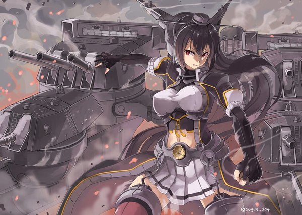 Anime picture 1000x714 with kantai collection nagato battleship sugue 304 single long hair fringe breasts black hair hair between eyes red eyes large breasts standing signed pleated skirt zettai ryouiki twitter username smoke center opening remodel (kantai collection) girl