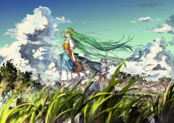 Anime picture 1000x707 with vocaloid pixiv hatsune miku kaito (vocaloid) biji long hair short hair twintails green eyes blue hair looking away sky cloud (clouds) green hair wind alternate costume girl dress boy plant (plants)