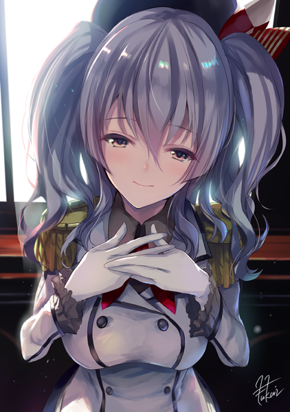 Anime picture 630x895 with kantai collection kashima training cruiser fukai ryosuke single long hair tall image looking at viewer twintails brown eyes silver hair girl gloves uniform white gloves epaulettes