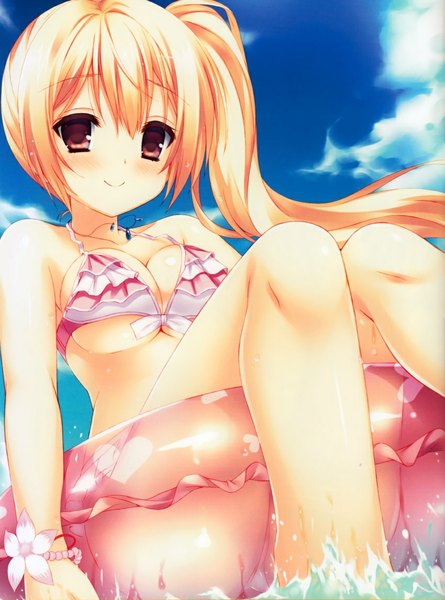 Anime picture 850x1145 with amairo islenauts yuzusoft shirley warwick any (trueblue) single long hair tall image looking at viewer blush fringe breasts light erotic blonde hair smile red eyes large breasts sitting sky cloud (clouds) bent knee (knees)