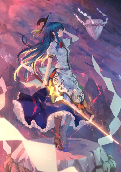 Anime picture 744x1052 with touhou hinanawi tenshi ryuuzaki ichi single long hair tall image blush standing blue hair eyes closed profile wind adjusting hair lace-up boots girl skirt bow weapon hat sword