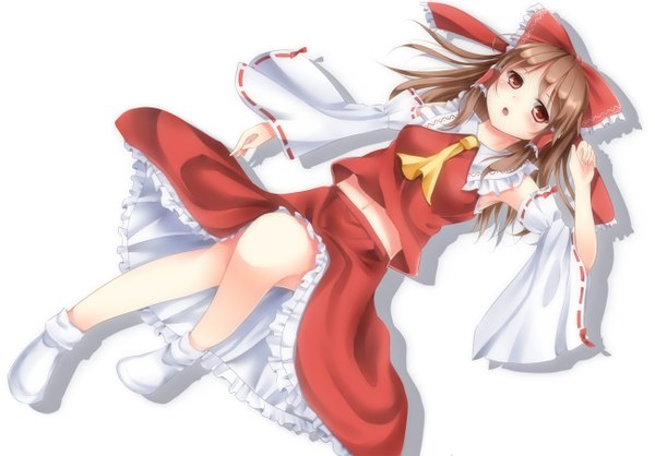 Anime picture 1300x907 with touhou hakurei reimu hime mia single long hair blush open mouth simple background red eyes brown hair white background lying girl bow hair bow detached sleeves socks frills white socks