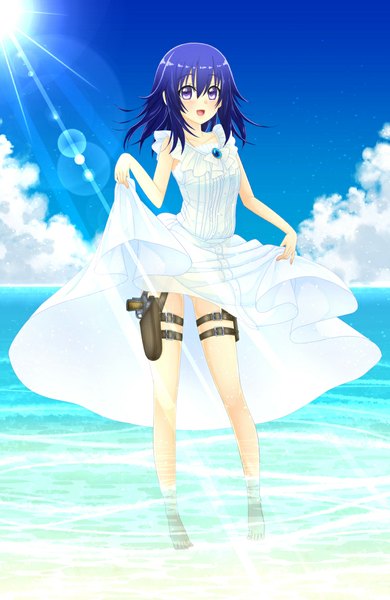 Anime picture 752x1155 with baretto single long hair tall image looking at viewer blush open mouth blue eyes blue hair sky cloud (clouds) girl dress weapon gun sundress