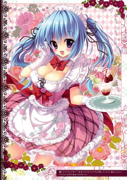 Anime picture 2471x3500 with prismatic world (artbook) shiramori yuse single long hair tall image looking at viewer blush highres open mouth purple eyes twintails blue hair scan maid girl dress gloves flower (flowers) bow food