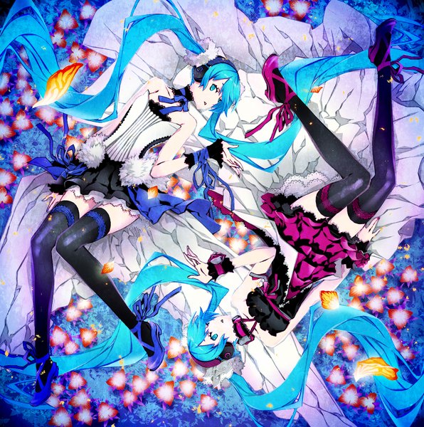 Anime picture 1484x1494 with 7th dragon 7th dragon 2020 vocaloid hatsune miku miwa shirow long hair tall image looking at viewer blue eyes smile twintails bare shoulders multiple girls blue hair bent knee (knees) lying fingernails from above long fingernails dual persona