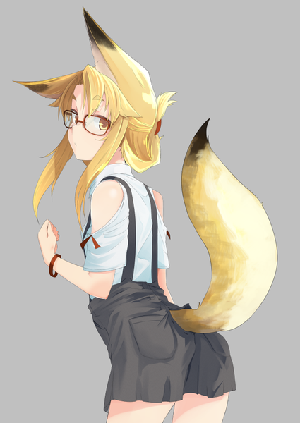 Anime picture 731x1032 with original ariyoshi gen single long hair tall image looking at viewer fringe blonde hair simple background bare shoulders animal ears yellow eyes payot tail animal tail looking back grey background fox ears back fox tail