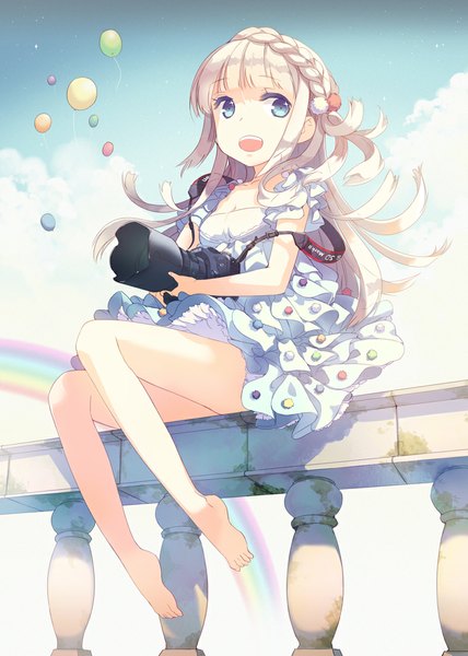 Anime picture 800x1122 with original h2so4 single long hair tall image looking at viewer open mouth blue eyes sitting white hair barefoot bare legs girl dress camera balloon rainbow