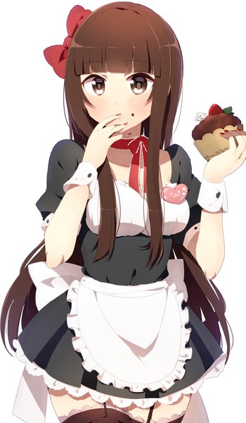 Anime picture 794x1360 with original harusawa single long hair tall image blush fringe simple background brown hair white background holding brown eyes payot blunt bangs nail polish maid covered mouth valentine food on face girl