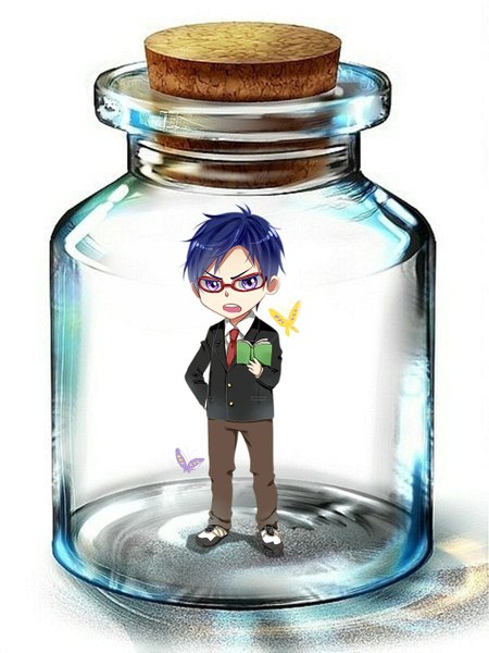 Anime picture 1000x1333 with free! kyoto animation ryugazaki rei single tall image looking at viewer short hair open mouth simple background white background purple eyes blue hair shadow chibi in bottle boy shirt glasses necktie book (books)