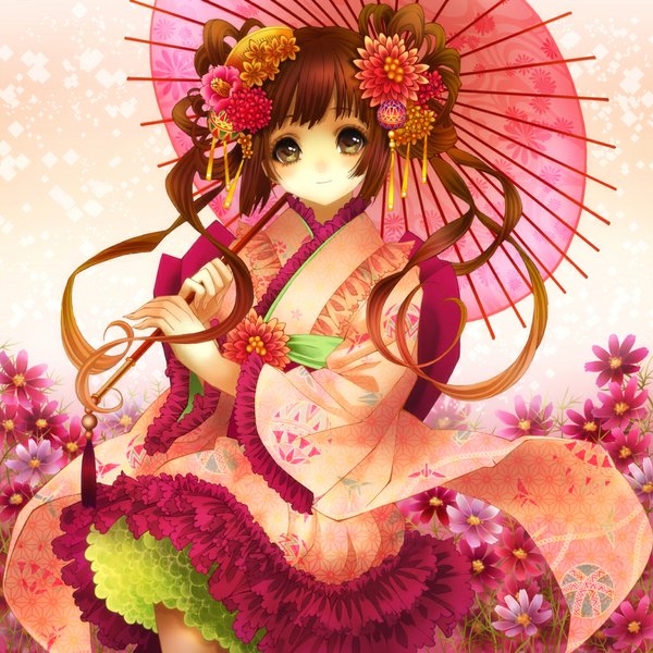 Anime picture 1050x1050 with original yuzu 5101 single long hair looking at viewer brown hair brown eyes japanese clothes girl hair ornament flower (flowers) kimono umbrella