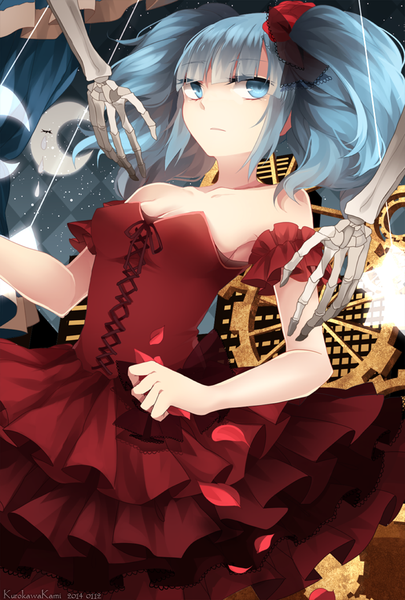Anime picture 700x1036 with vocaloid hatsune miku shouen kigashi long hair tall image blue eyes twintails bare shoulders blue hair skeleton girl dress bow hair bow petals