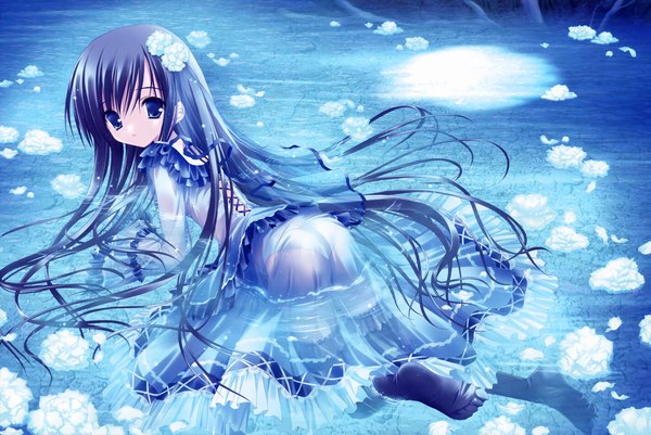 Anime picture 9867x6597 with original byakuya chakai (artbook) tinker bell single long hair looking at viewer highres blue eyes light erotic absurdres looking back girl dress water ice