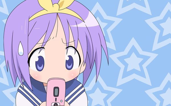 Anime picture 1920x1200 with lucky star kyoto animation hiiragi tsukasa highres blue background girl serafuku star (symbol) phone