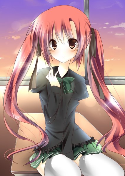 Anime picture 2149x3035 with original amane ruri single long hair tall image blush highres red eyes sitting twintails red hair girl thighhighs uniform ribbon (ribbons) hair ribbon school uniform white thighhighs bowtie