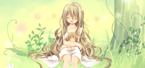 Anime picture 1280x600 with original kuroi (liar-player) blush open mouth brown hair wide image sitting eyes closed very long hair girl dress plant (plants) tree (trees) sundress doll (dolls)