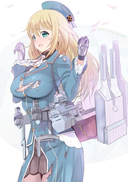 Anime picture 900x1273 with kantai collection atago heavy cruiser kawasaki kazuhiko single long hair tall image blush breasts open mouth light erotic blonde hair large breasts looking away aqua eyes torn clothes girl gloves weapon lingerie bra