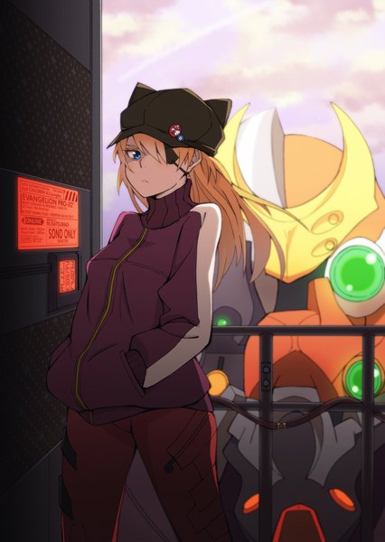 Anime picture 1658x2336 with neon genesis evangelion rebuild of evangelion evangelion: 3.0 you can (not) redo gainax soryu asuka langley eva 02 kazufumi (kaz-newt) single long hair tall image blue eyes standing looking away orange hair hands in pockets girl jacket eyepatch cap pilot suit