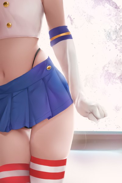 Anime picture 2000x3000 with kantai collection shimakaze destroyer mr-vy d10c2 single tall image highres light erotic pleated skirt realistic zettai ryouiki head out of frame girl thighhighs skirt gloves navel underwear panties elbow gloves