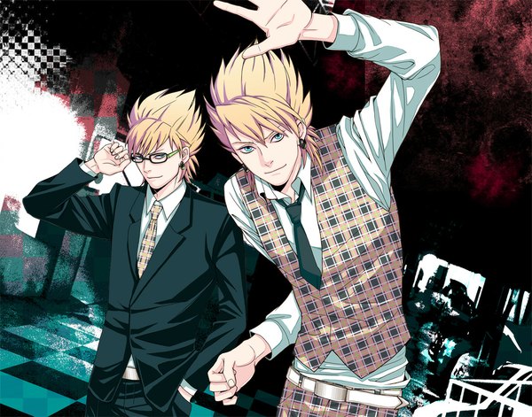 Anime picture 1069x840 with dramatical murder nitro+chiral trip (dramatical murder) virus (dramatical murder) tagme (artist) short hair blonde hair smile green eyes multiple boys hand in pocket plaid boy earrings shirt glasses necktie 2 boys vest suit