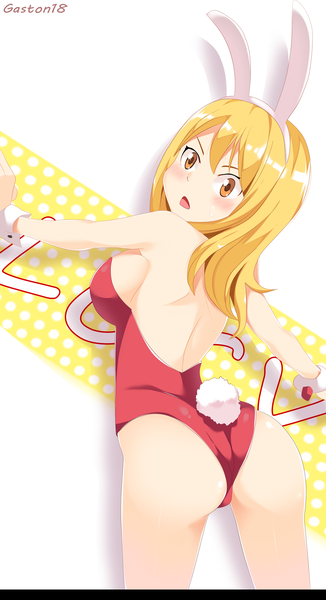 Anime picture 1433x2632 with fairy tail lucy heartfilia tongasart single long hair tall image looking at viewer blush open mouth light erotic blonde hair bare shoulders brown eyes signed animal ears ass tail animal tail looking back bunny ears