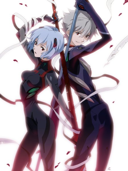 Anime picture 768x1024 with neon genesis evangelion rebuild of evangelion evangelion: 3.0 you can (not) redo gainax ayanami rei nagisa kaworu kagio (muinyakurumi) tall image fringe short hair breasts simple background smile red eyes white background holding blue hair looking away arm up grey hair