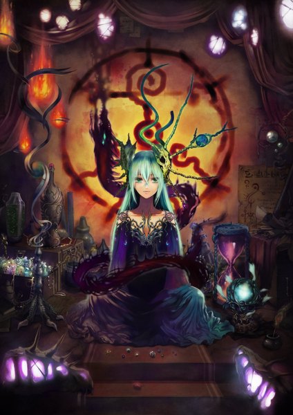 Anime picture 1414x2000 with umiu geso single long hair tall image sitting aqua eyes aqua hair magic glowing girl clock fire vase hourglass