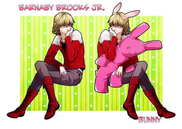 Anime picture 1900x1350 with tiger & bunny sunrise (studio) barnaby brooks jr. v-sil blush highres short hair blonde hair sitting animal ears inscription arm support bunny ears dual persona bunny boy boy glasses pendant toy bunny