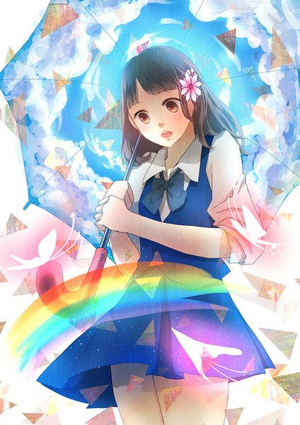 Anime picture 1240x1754 with original reitun (artist) single long hair tall image blush open mouth brown hair standing holding brown eyes sky cloud (clouds) hair flower grey hair looking down sky print girl uniform hair ornament