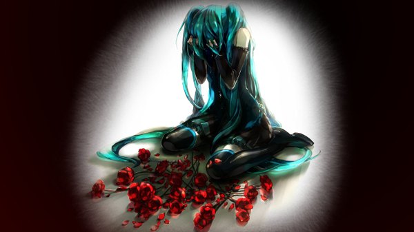 Anime picture 1366x768 with vocaloid hatsune miku single long hair wide image sitting bare shoulders aqua hair crying hands on face girl flower (flowers) detached sleeves petals thigh boots