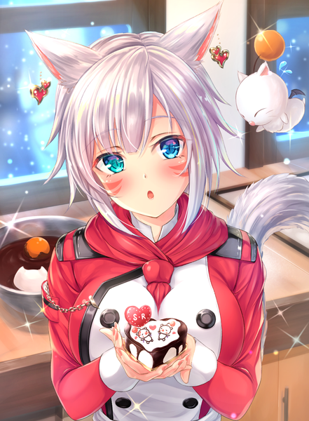 Anime picture 1200x1631 with final fantasy final fantasy xiv square enix miqo'te moogle tiphereth single tall image looking at viewer blush fringe short hair breasts open mouth blue eyes large breasts holding animal ears silver hair tail