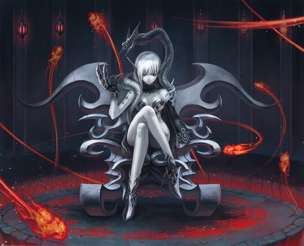 Anime picture 1500x1214 with original mizusawa hikaru single long hair looking at viewer fringe breasts red eyes sitting cleavage silver hair pointy ears crossed legs glowing glowing eye (eyes) pale skin girl boots armor thigh boots