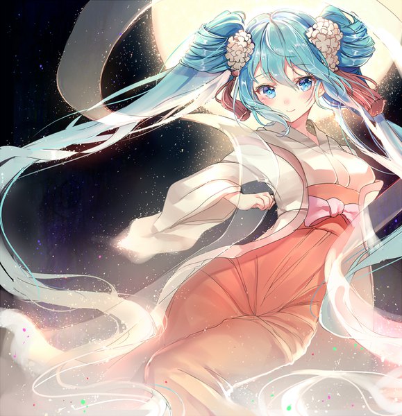 Anime picture 1322x1370 with vocaloid hatsune miku chuushuu meigetsu miku takitou single tall image looking at viewer blush fringe blue eyes smile hair between eyes twintails long sleeves very long hair traditional clothes hair flower aqua hair night wide sleeves