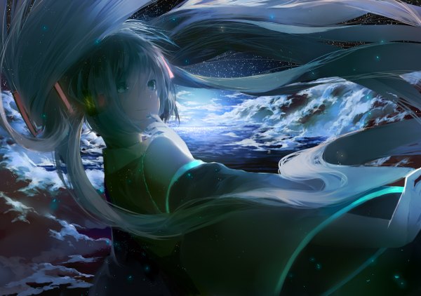 Anime picture 1200x845 with vocaloid hatsune miku glycan single long hair fringe blue eyes smile twintails blue hair sky cloud (clouds) long sleeves looking back wind wide sleeves outstretched arm finger to mouth close-up horizon