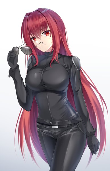 Anime picture 1600x2479 with fate (series) fate/grand order scathach (fate) (all) scathach (fate) feng mouren single long hair tall image looking at viewer fringe simple background hair between eyes red eyes holding red hair gradient background sunglasses removed girl gloves black gloves