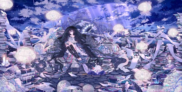 Anime picture 3343x1689 with original pixiv fantasia pixiv fantasia fallen kings hpknight single looking at viewer highres black hair wide image sitting sky very long hair barefoot aqua eyes fantasy scenic girl dress flower (flowers) plant (plants)
